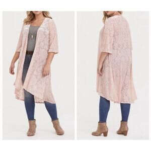 Torrid Maxi Burnout Slub Kimono Floral Pale Pink Textured Open Cardigan 1x
